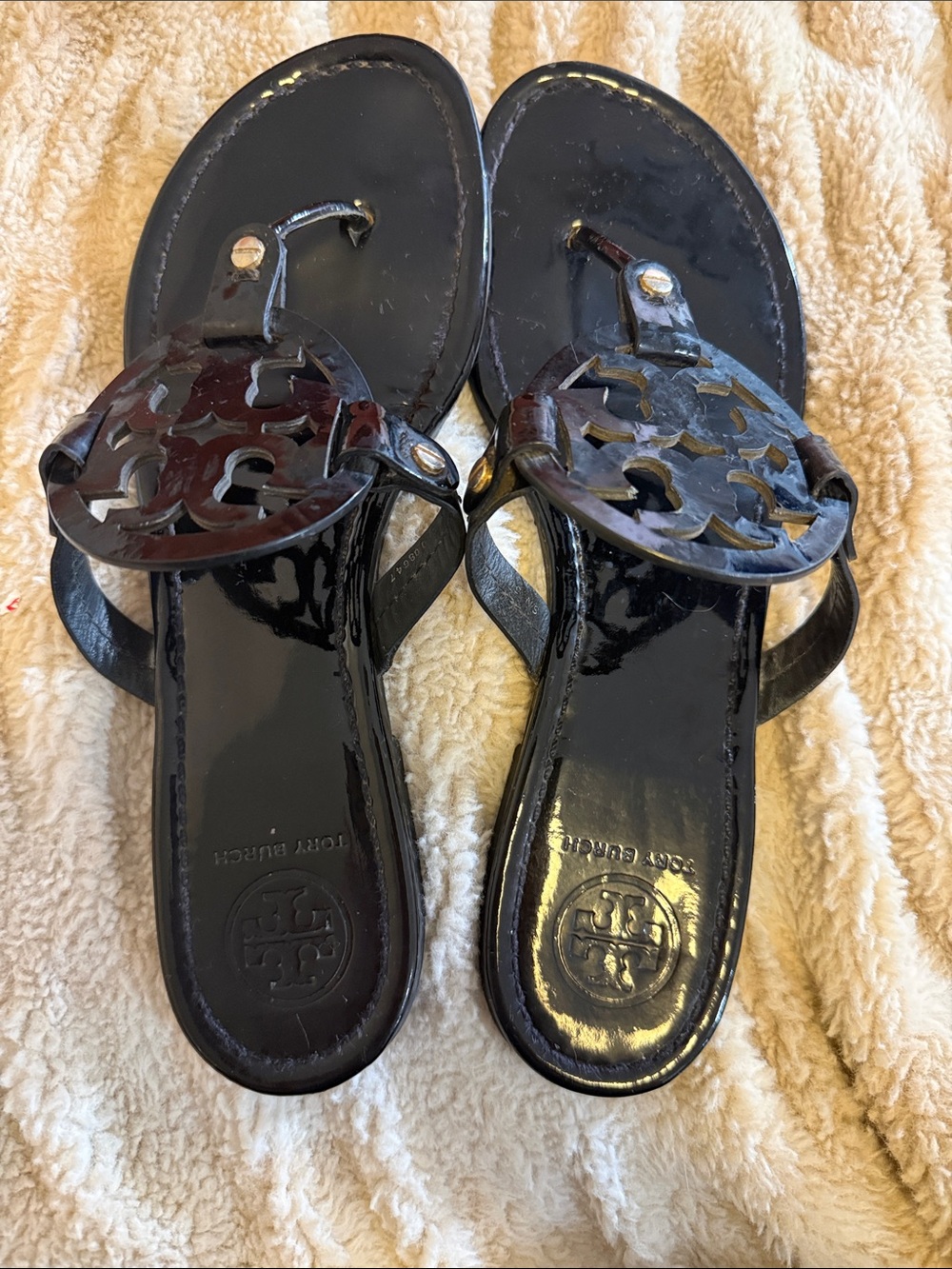 Tory Burch Black Patent Miller Logo Thong Sandals